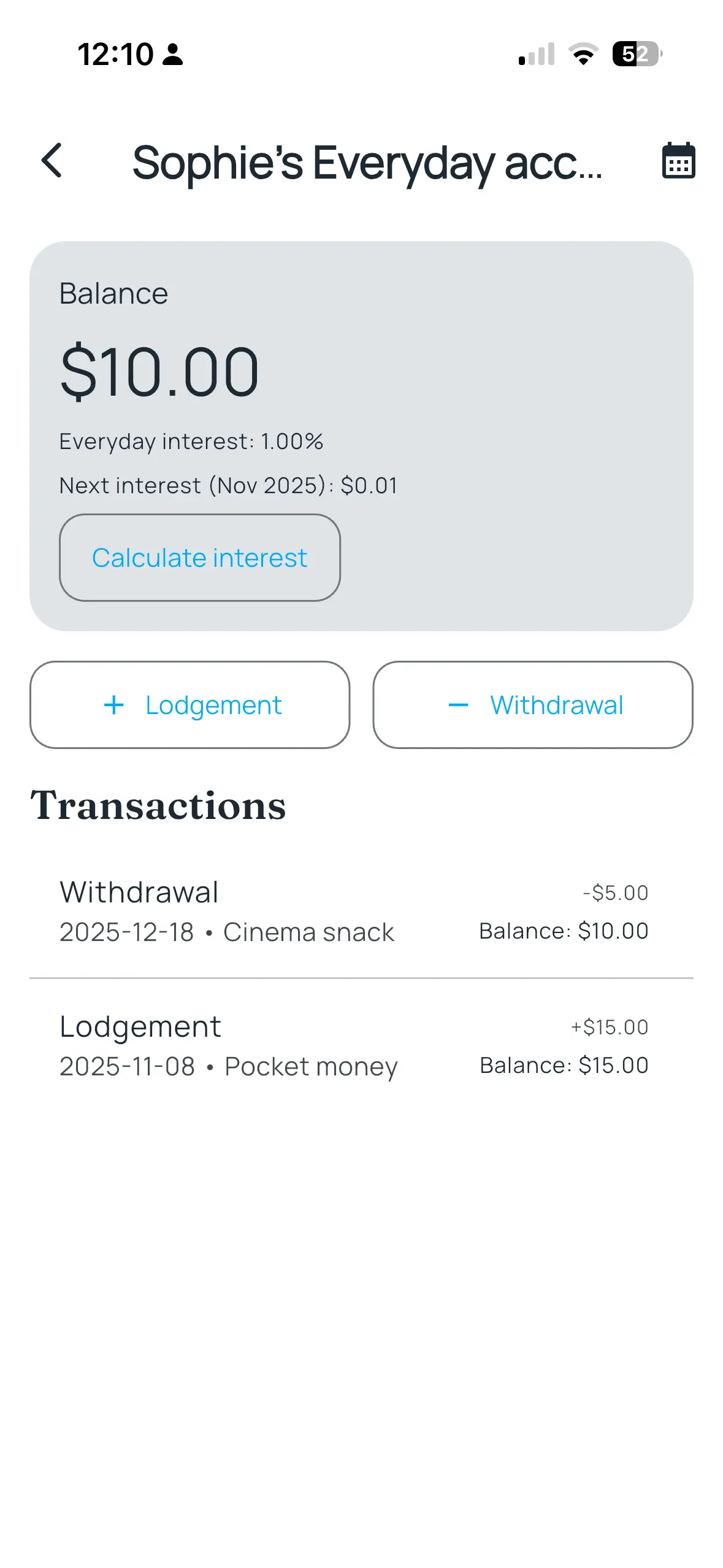 Everyday account detail screen