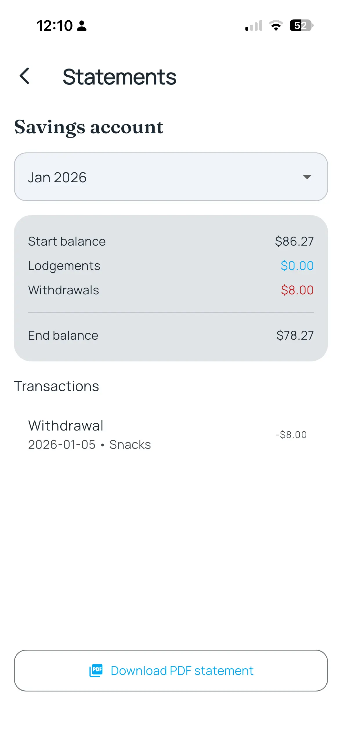 Monthly statements screen
